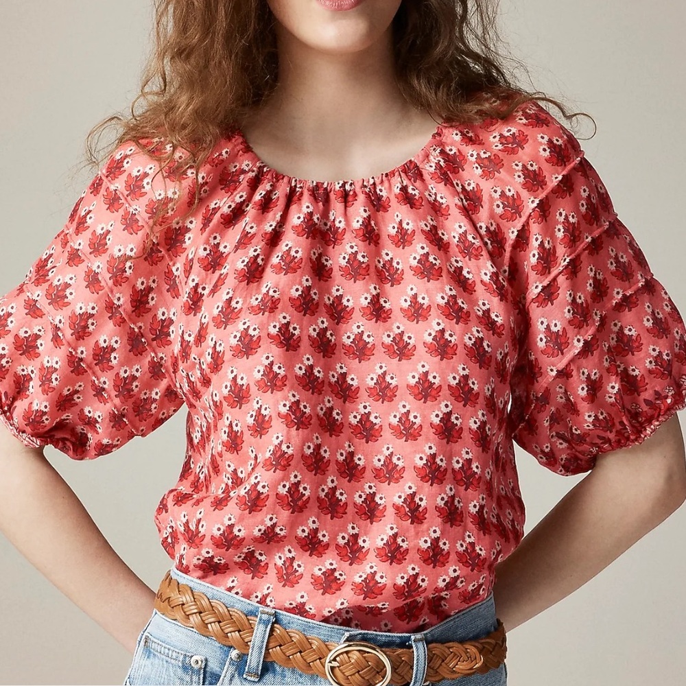 NWT JCrew Puff-Sleeve Top in Block-Print Ramie